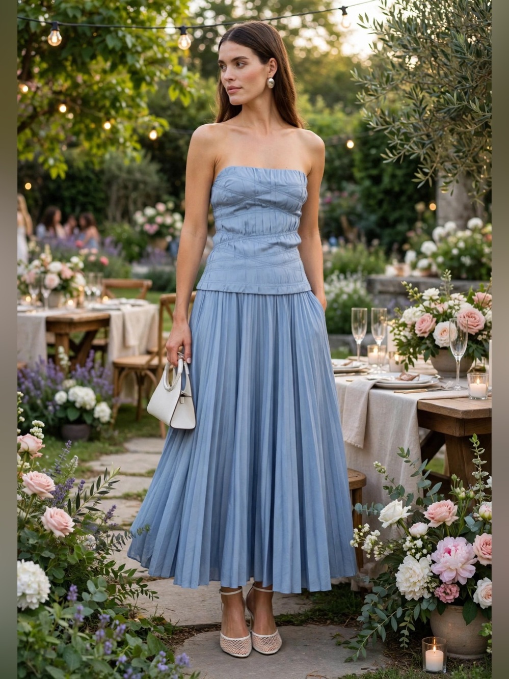 o.p.t Ada Dress Strapless Pleated Midi Skirt in Dusty Blue size 4.